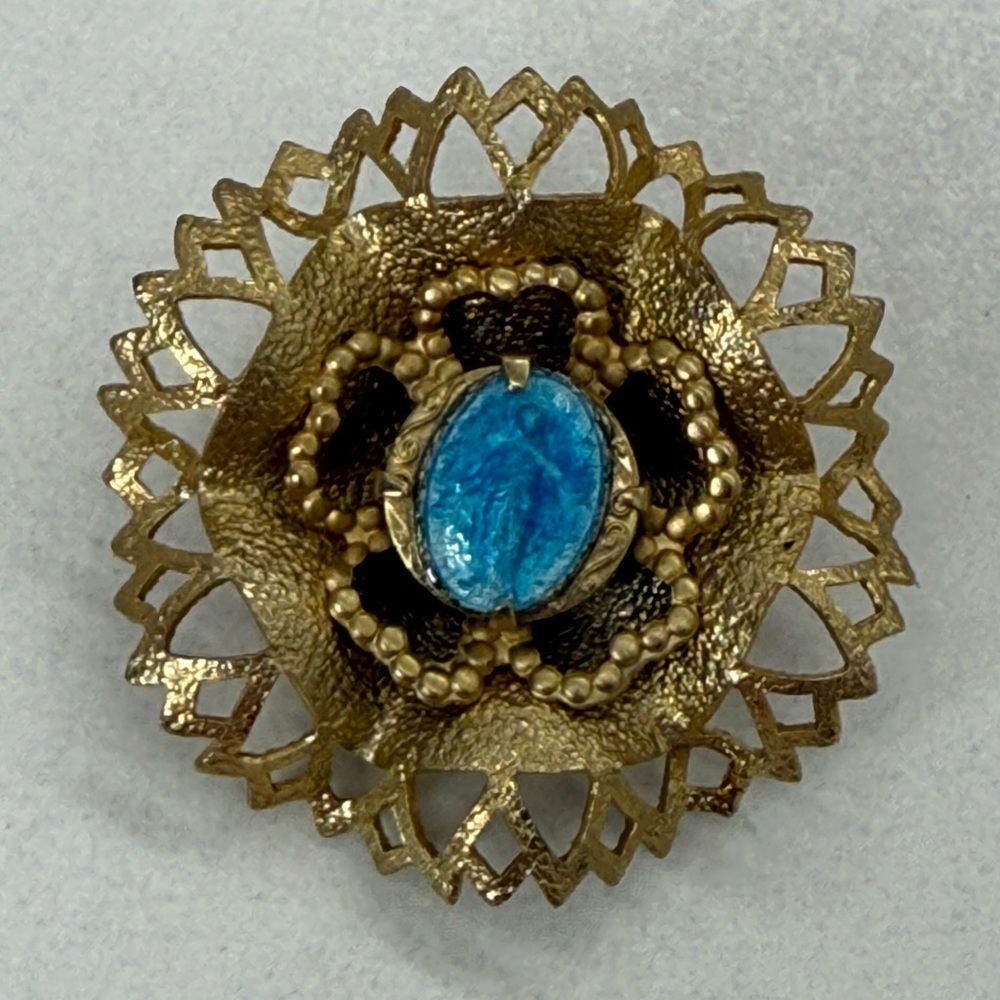 Vintage Gold Tone Filigree Brooch Blue Saint Cabochon Communion Baptism Jewelry